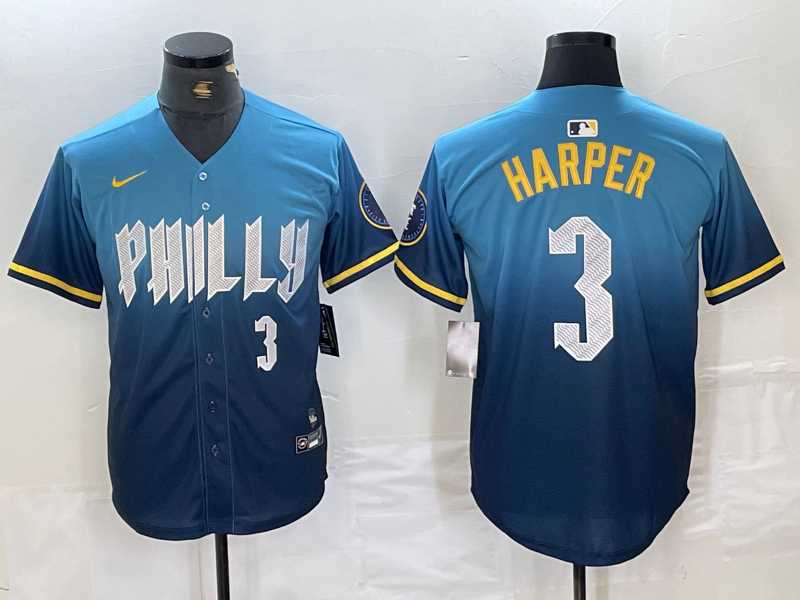Mens Philadelphia Phillies #3 Bryce Harper Number Blue 2024 City Connect Limited Stitched Jersey->philadelphia phillies->MLB Jersey